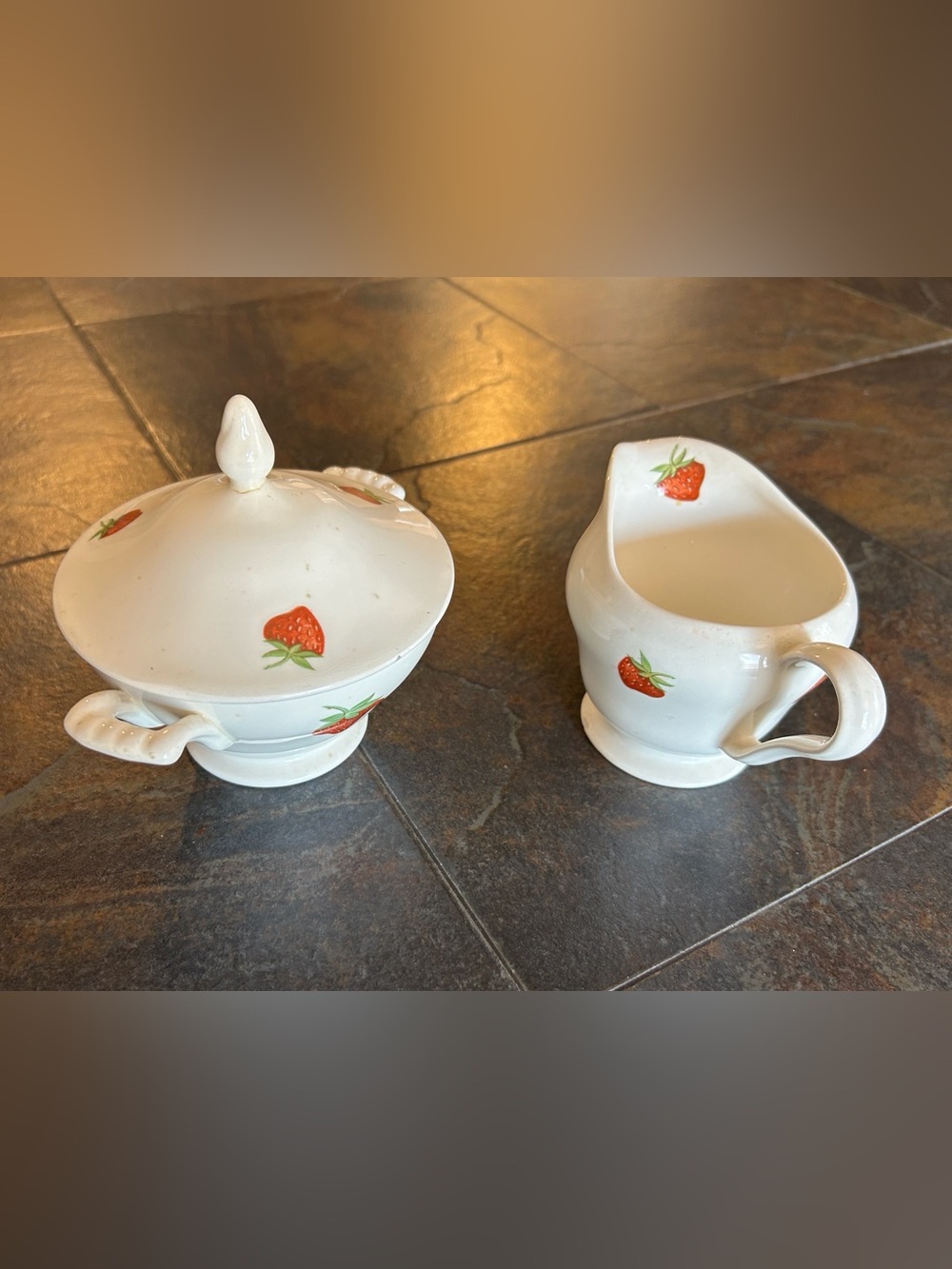 White Strawberry Ceramic Sugar Bowl and Creamer Set